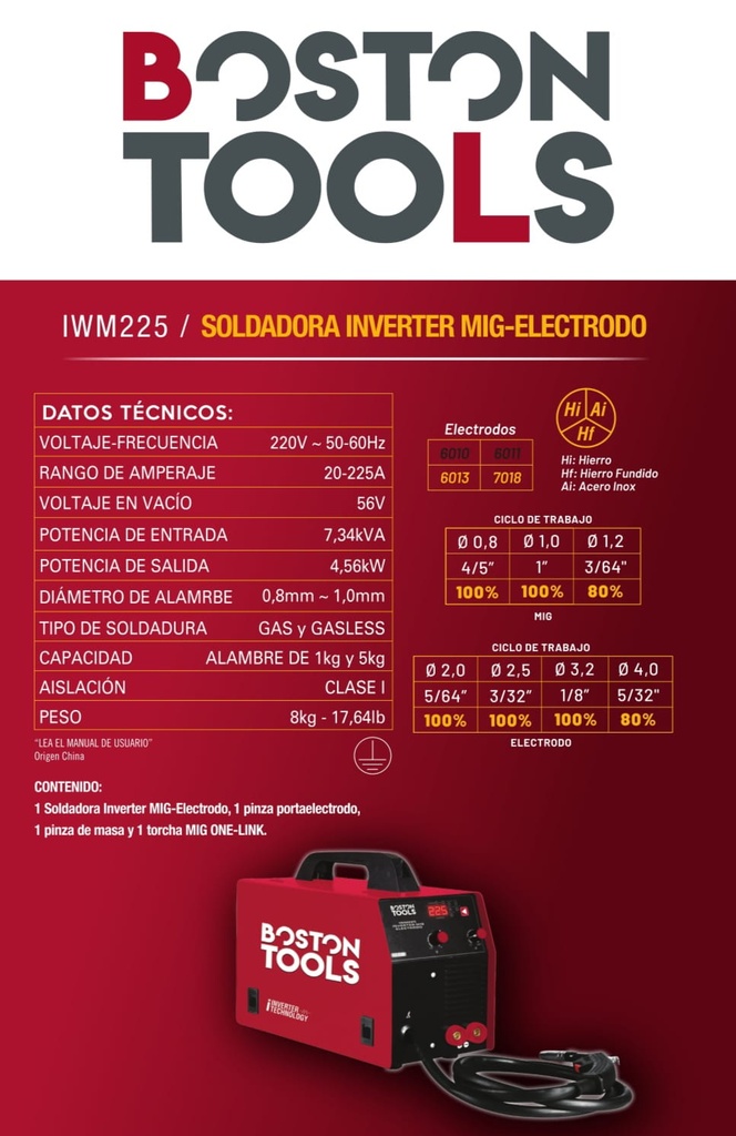 SOLDADORA MIG 225 Amp. 5Kg. BOSTON TOOLS