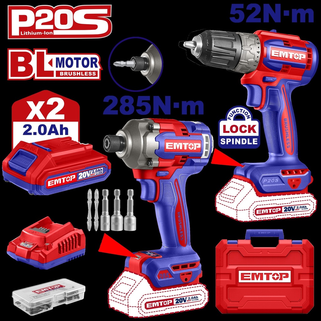 KIT TALADRO + ATORN. IMPACTO 20V. 2 BAT. EMTOP ECKL20272