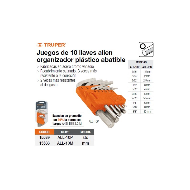 Jgo. 10 Llaves Allen 1,5-10mm. TRUPER ALL-10M